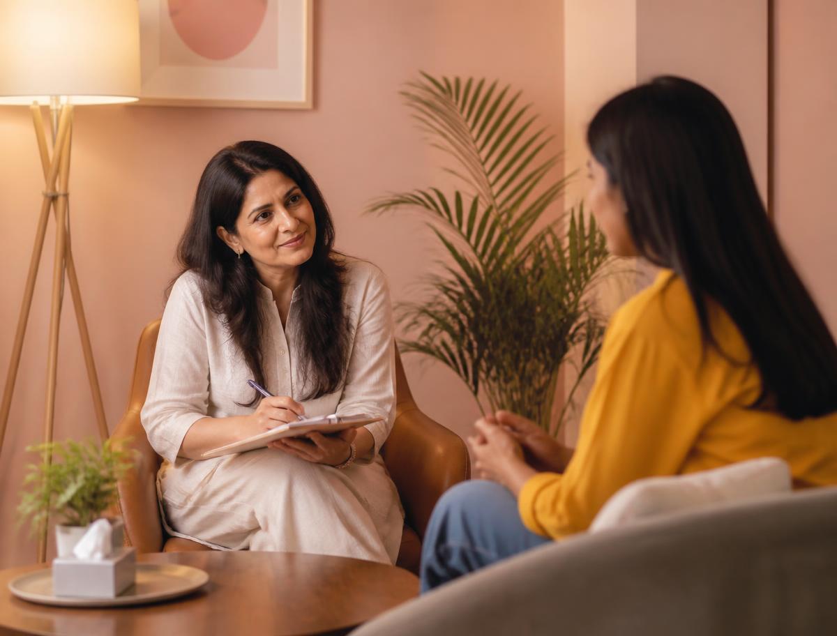 A counsellor in conversation with a client in a warm consulting room