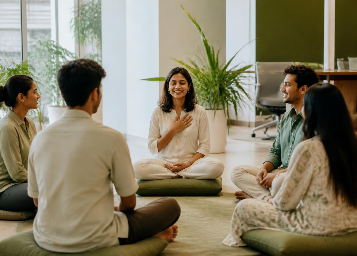 Colleagues sitting in a circle during a workplace wellbeing session