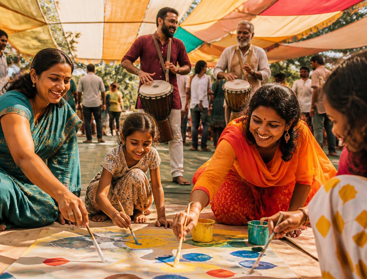 People painting and drumming together at a Manah wellbeing carnival