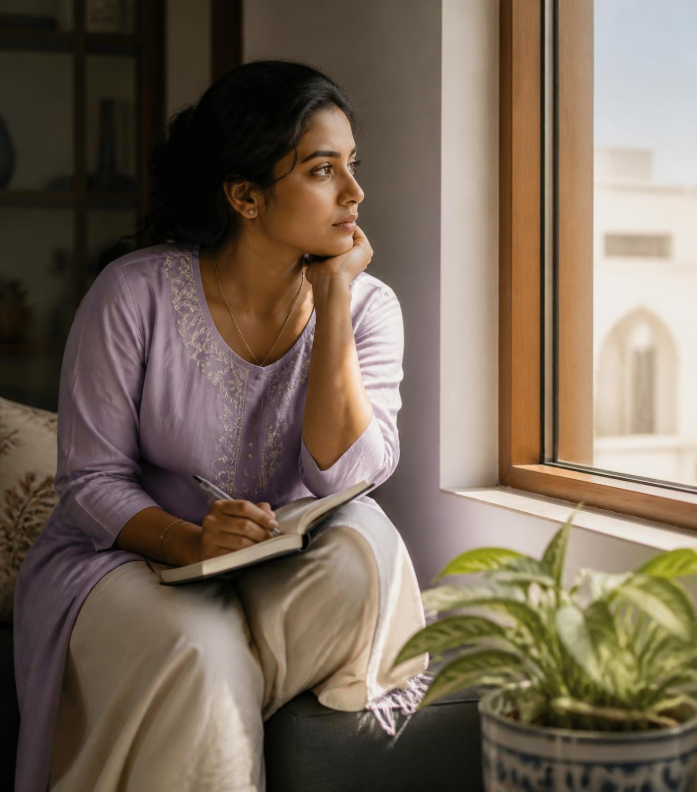 A woman writing in her journal by a window at home